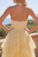 Load image into Gallery viewer, Floral Lace Halter A Line Butter Yellow Ruffled Short Prom Dress