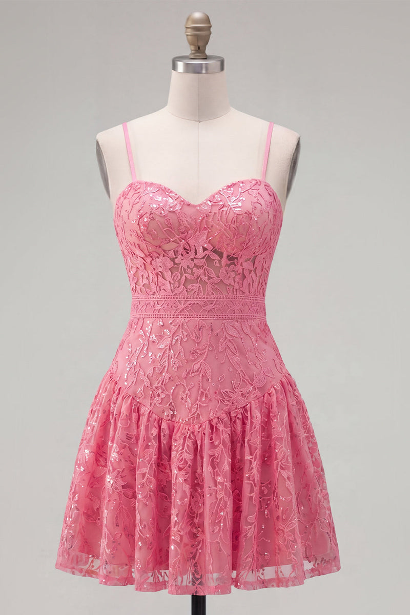 Load image into Gallery viewer, Lace Spaghetti Straps A Line Hot Pink Sequin Short Prom Dress with Bow