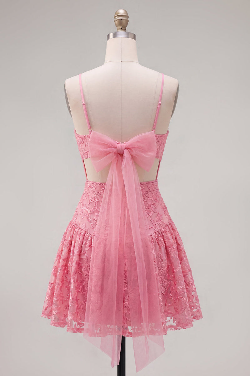 Load image into Gallery viewer, Lace Spaghetti Straps A Line Hot Pink Sequin Short Prom Dress with Bow