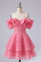 Load image into Gallery viewer, Lace Beaded Ruffled Hot Pink Off The Shoulder A Line Short Prom Dress