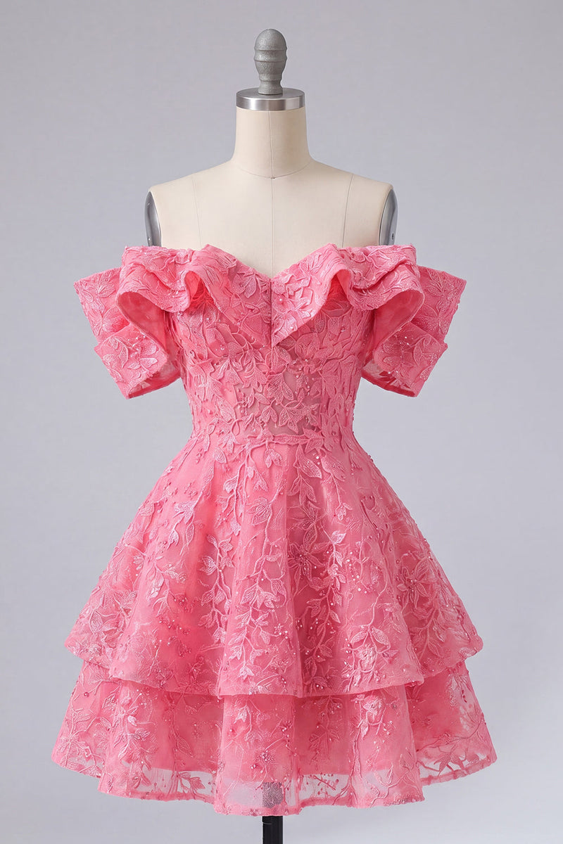 Load image into Gallery viewer, Lace Beaded Ruffled Hot Pink Off The Shoulder A Line Short Prom Dress