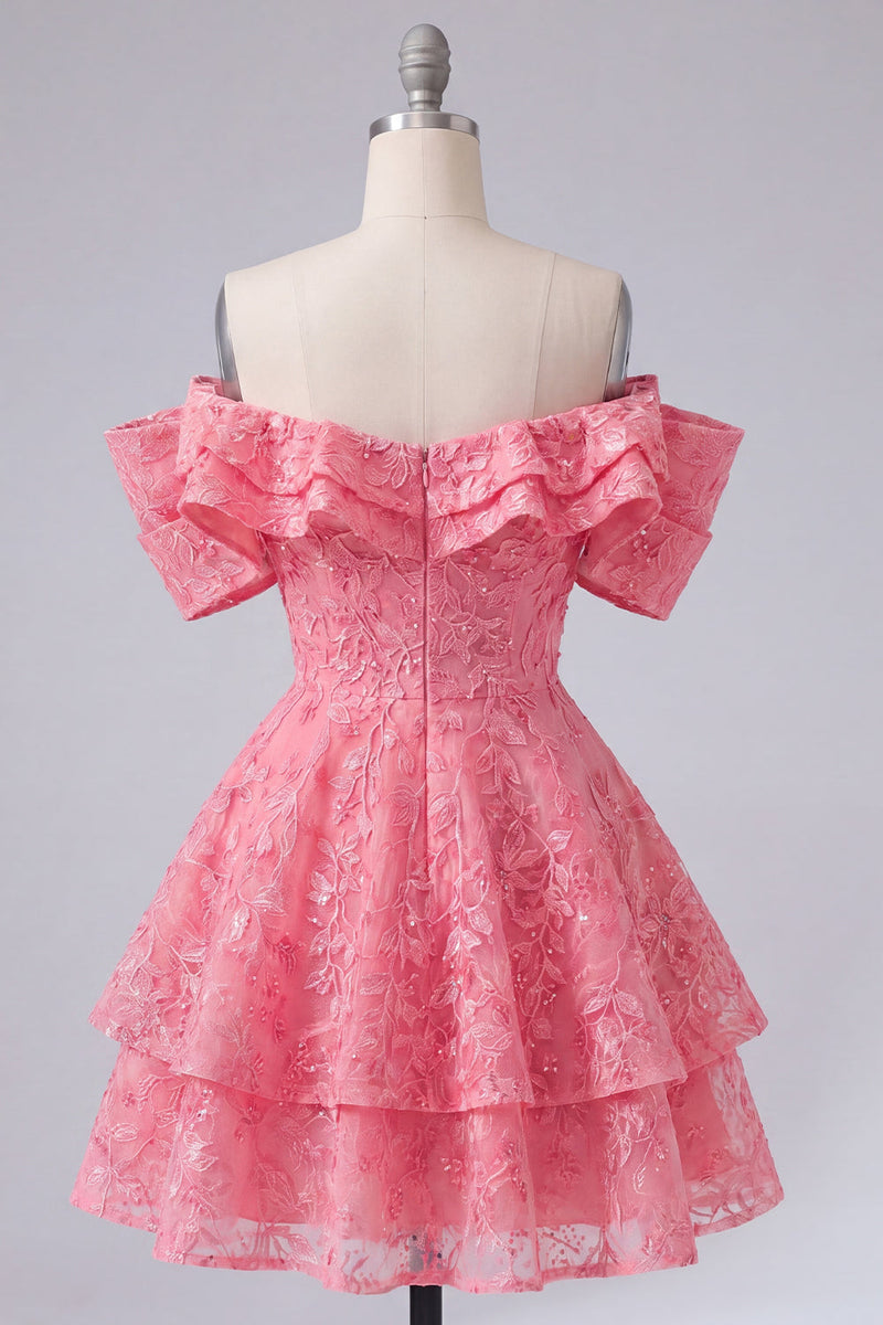 Load image into Gallery viewer, Lace Beaded Ruffled Hot Pink Off The Shoulder A Line Short Prom Dress