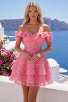 Load image into Gallery viewer, Lace Beaded Ruffled Hot Pink Off The Shoulder A Line Short Prom Dress