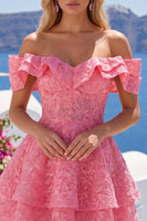 Load image into Gallery viewer, Lace Beaded Ruffled Hot Pink Off The Shoulder A Line Short Prom Dress