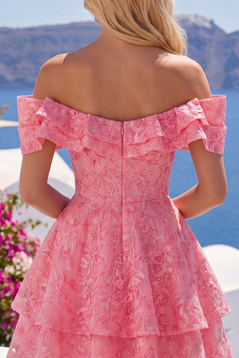 Load image into Gallery viewer, Lace Beaded Ruffled Hot Pink Off The Shoulder A Line Short Prom Dress
