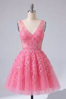 Load image into Gallery viewer, Appliqued Lace V-Neck A Line Hot Pink Short Prom Dress