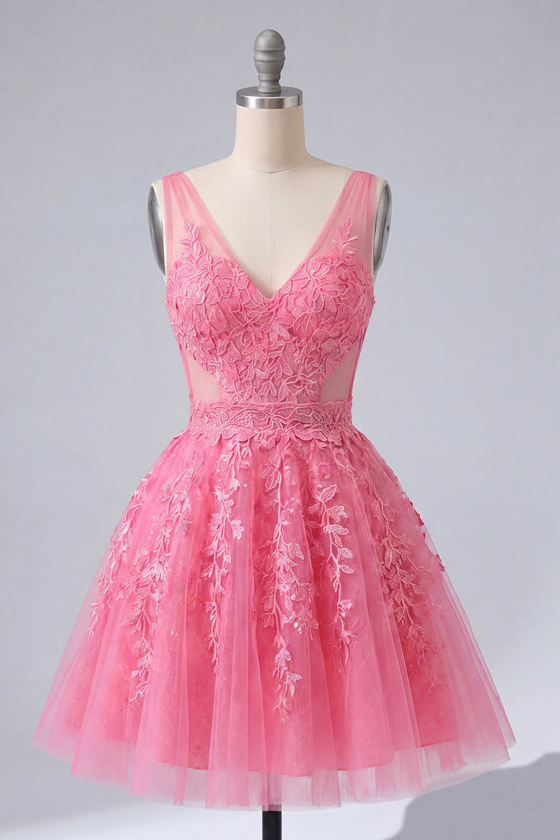 Load image into Gallery viewer, Appliqued Lace V-Neck A Line Hot Pink Short Prom Dress