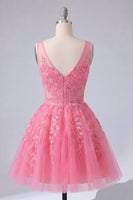 Load image into Gallery viewer, Appliqued Lace V-Neck A Line Hot Pink Short Prom Dress