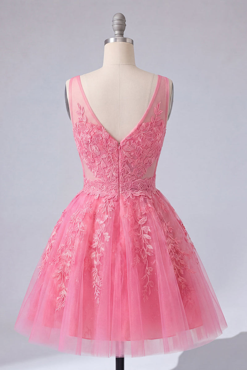 Load image into Gallery viewer, Appliqued Lace V-Neck A Line Hot Pink Short Prom Dress
