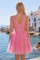 Load image into Gallery viewer, Appliqued Lace V-Neck A Line Hot Pink Short Prom Dress