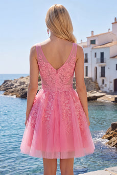Appliqued Lace V-Neck A Line Hot Pink Short Prom Dress