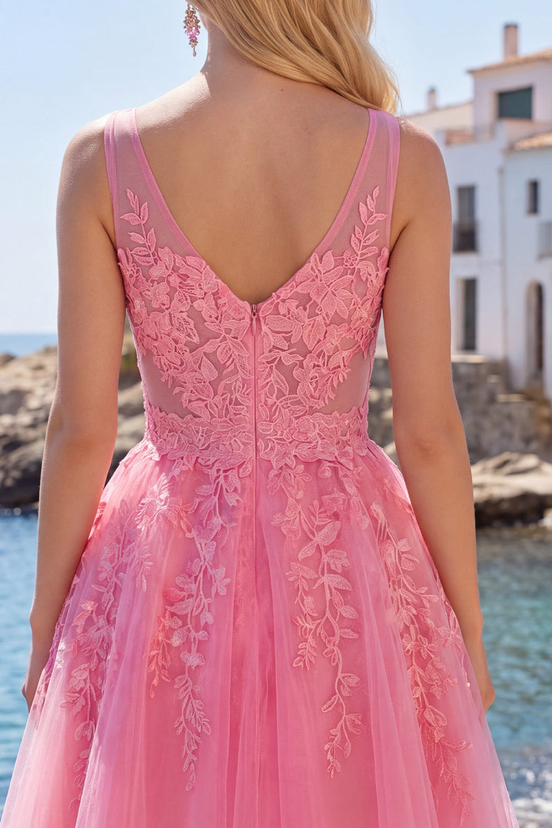 Load image into Gallery viewer, Appliqued Lace V-Neck A Line Hot Pink Short Prom Dress