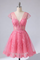 Load image into Gallery viewer, Lace V-Neck A Line Hot Pink Appliqued Short Corset Prom Dress with Sleeves