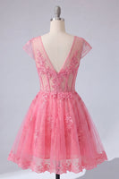 Load image into Gallery viewer, Lace V-Neck A Line Hot Pink Appliqued Short Corset Prom Dress with Sleeves