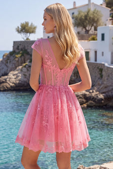 Lace V-Neck A Line Hot Pink Appliqued Short Corset Prom Dress with Sleeves