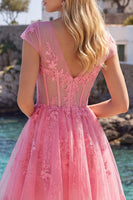Load image into Gallery viewer, Lace V-Neck A Line Hot Pink Appliqued Short Corset Prom Dress with Sleeves