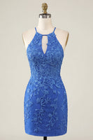 Load image into Gallery viewer, Lace Appliqued Halter Royal Blue Beaded Short Tight Prom Dress