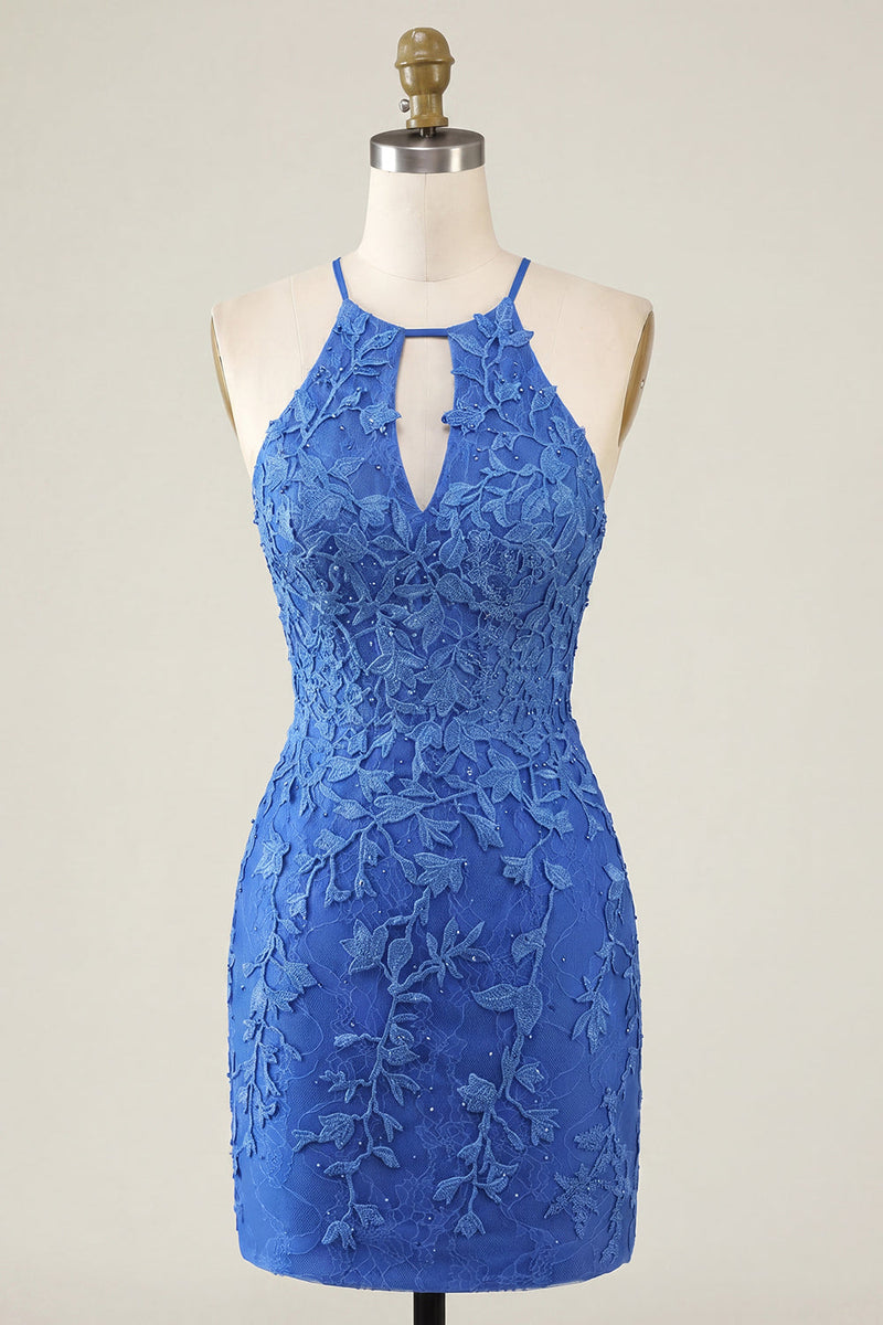 Load image into Gallery viewer, Lace Appliqued Halter Royal Blue Beaded Short Tight Prom Dress
