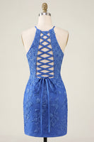 Load image into Gallery viewer, Lace Appliqued Halter Royal Blue Beaded Short Tight Prom Dress