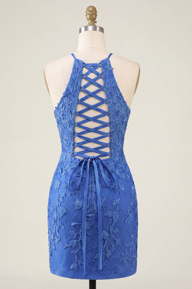 Load image into Gallery viewer, Lace Appliqued Halter Royal Blue Beaded Short Tight Prom Dress