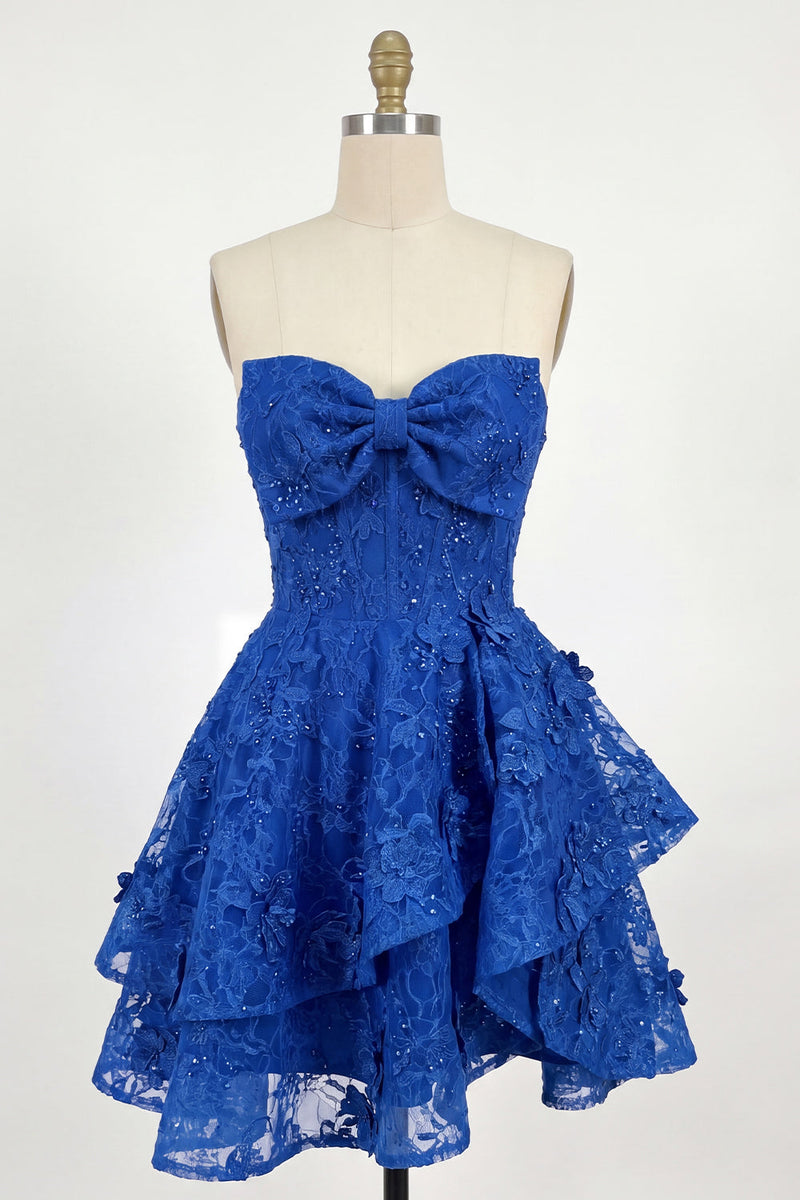 Load image into Gallery viewer, Lace Beaded Floral A Line Royal Blue Short Ruffled Corset Prom Dress with Bow
