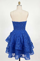 Load image into Gallery viewer, Lace Beaded Floral A Line Royal Blue Short Ruffled Corset Prom Dress with Bow