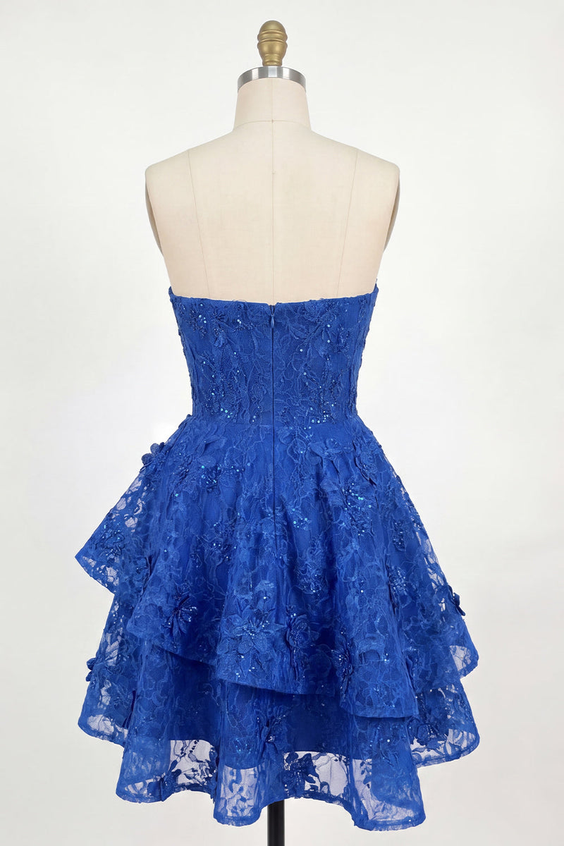 Load image into Gallery viewer, Lace Beaded Floral A Line Royal Blue Short Ruffled Corset Prom Dress with Bow