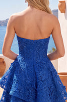 Load image into Gallery viewer, Lace Beaded Floral A Line Royal Blue Short Ruffled Corset Prom Dress with Bow