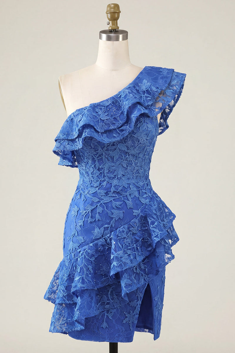 Load image into Gallery viewer, Lace Beaded One Shoulder Ruffled Royal Blue Short Tight Prom Dress