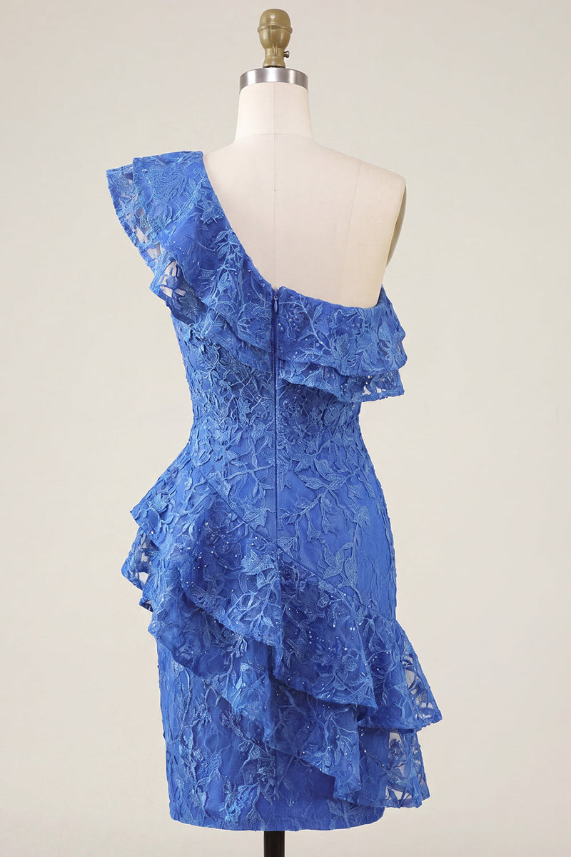 Load image into Gallery viewer, Lace Beaded One Shoulder Ruffled Royal Blue Short Tight Prom Dress