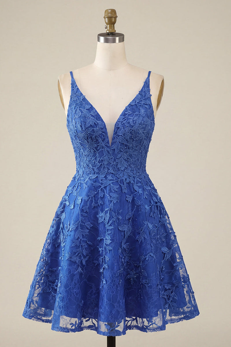 Load image into Gallery viewer, Lace Appliqued V-Neck A Line Royal Blue Beaded Short Prom Dress