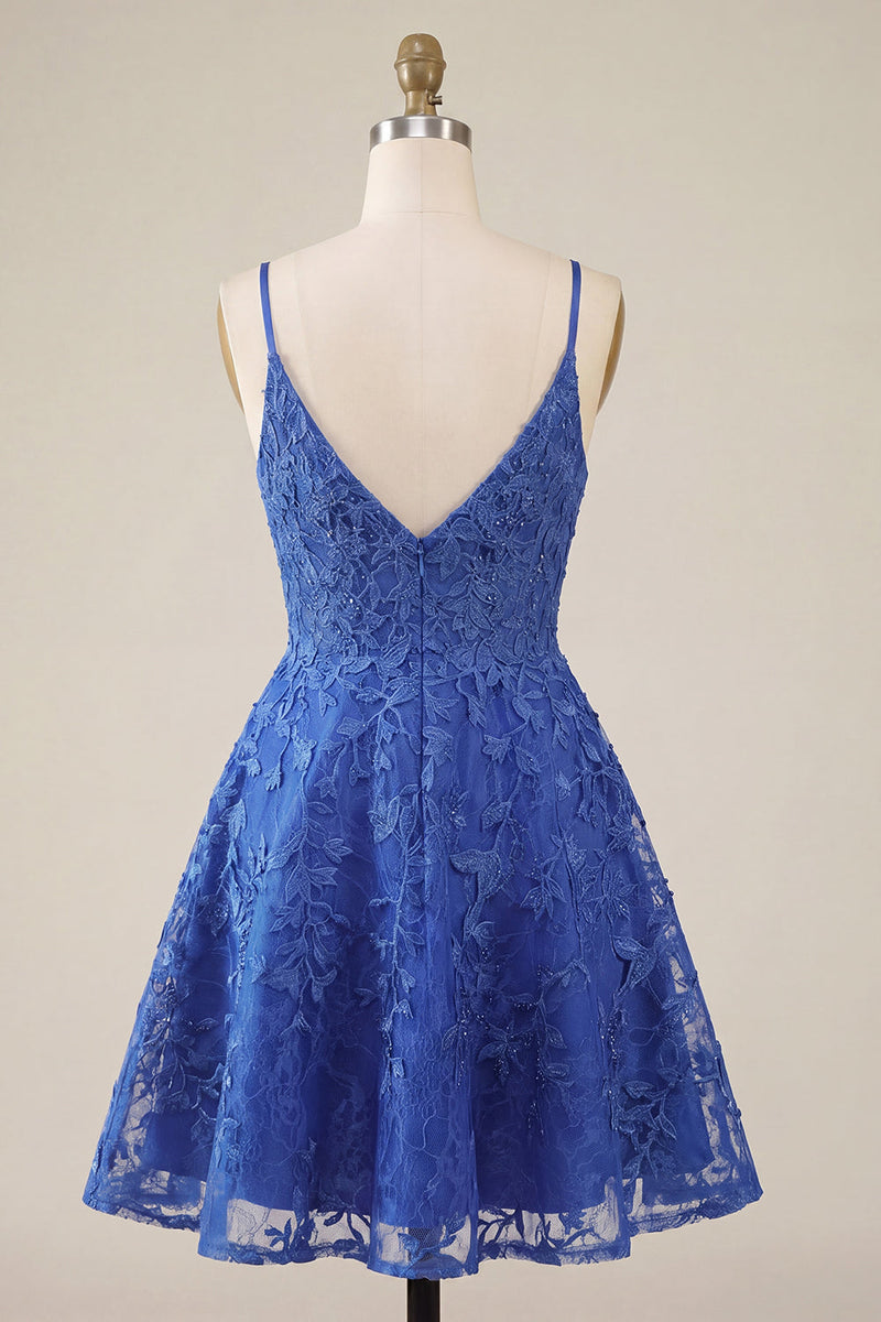 Load image into Gallery viewer, Lace Appliqued V-Neck A Line Royal Blue Beaded Short Prom Dress