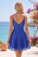 Load image into Gallery viewer, Lace Appliqued V-Neck A Line Royal Blue Beaded Short Prom Dress
