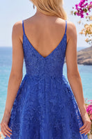 Load image into Gallery viewer, Lace Appliqued V-Neck A Line Royal Blue Beaded Short Prom Dress