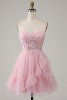 Load image into Gallery viewer, Lace Floral Sweetheart Ruffled A Line Pink Short Prom Dress