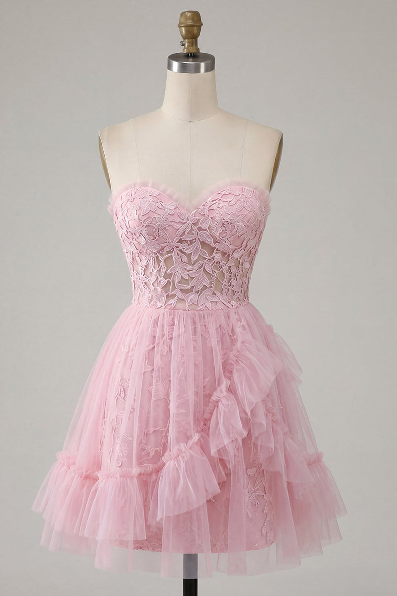 Load image into Gallery viewer, Lace Floral Sweetheart Ruffled A Line Pink Short Prom Dress