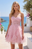 Load image into Gallery viewer, Lace Floral Sweetheart Ruffled A Line Pink Short Prom Dress
