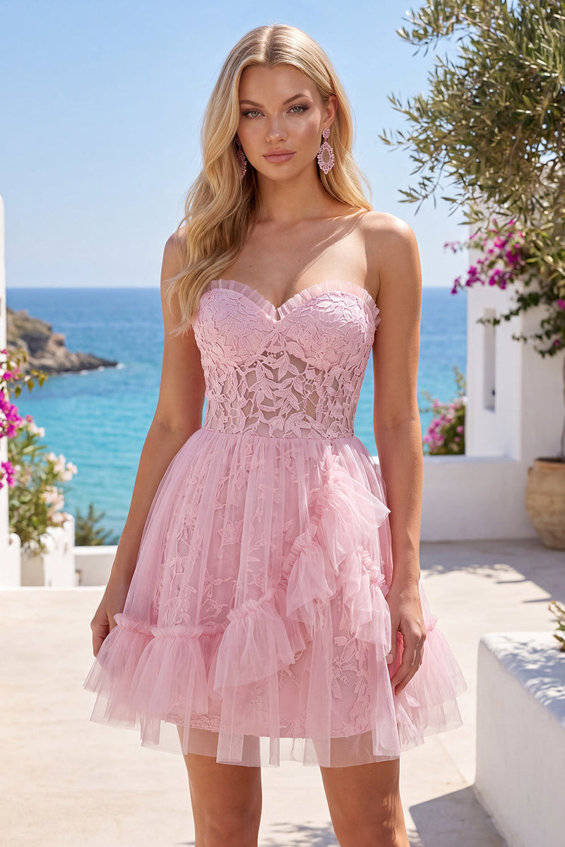 Load image into Gallery viewer, Lace Floral Sweetheart Ruffled A Line Pink Short Prom Dress