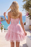 Load image into Gallery viewer, Lace Floral Sweetheart Ruffled A Line Pink Short Prom Dress
