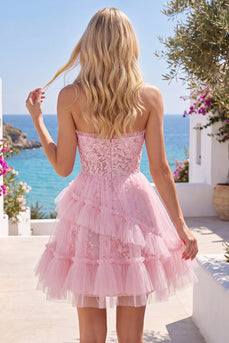 Lace Floral Sweetheart Ruffled A Line Pink Short Prom Dress