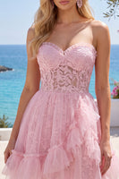 Load image into Gallery viewer, Lace Floral Sweetheart Ruffled A Line Pink Short Prom Dress
