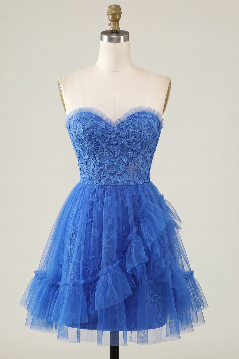 Load image into Gallery viewer, Lace Floral Sweetheart Ruffled A Line Pink Short Prom Dress