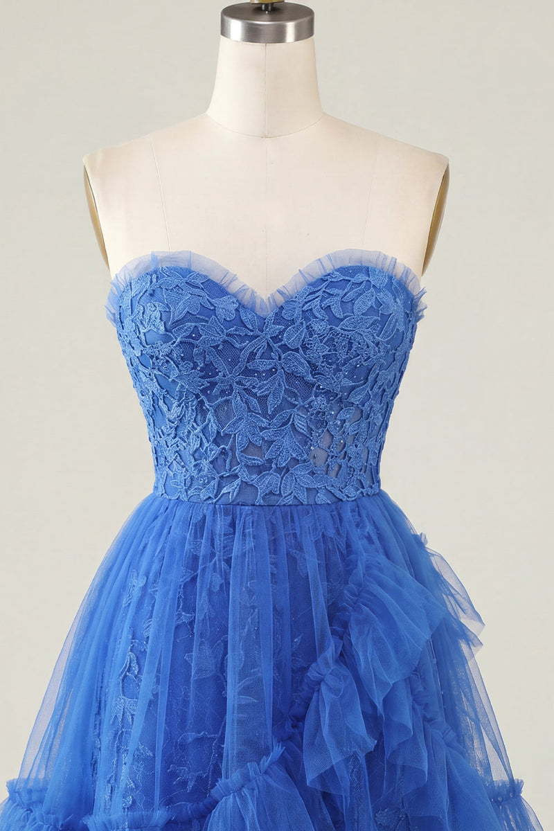 Load image into Gallery viewer, Lace Floral Sweetheart Ruffled A Line Pink Short Prom Dress