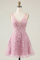 Load image into Gallery viewer, V-Neck A Line Appliqued Lace Pink Short Prom Dress