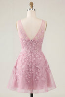 Load image into Gallery viewer, V-Neck A Line Appliqued Lace Pink Short Prom Dress