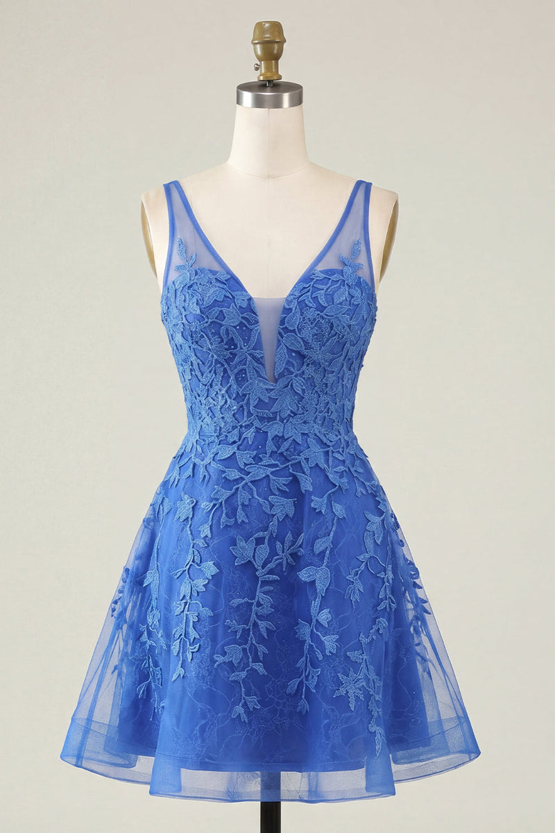 Load image into Gallery viewer, V-Neck A Line Appliqued Lace Pink Short Prom Dress
