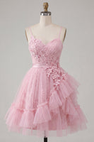 Load image into Gallery viewer, Ruffled Tulle Floral Spaghetti Straps A Line Pink Short Prom Dress