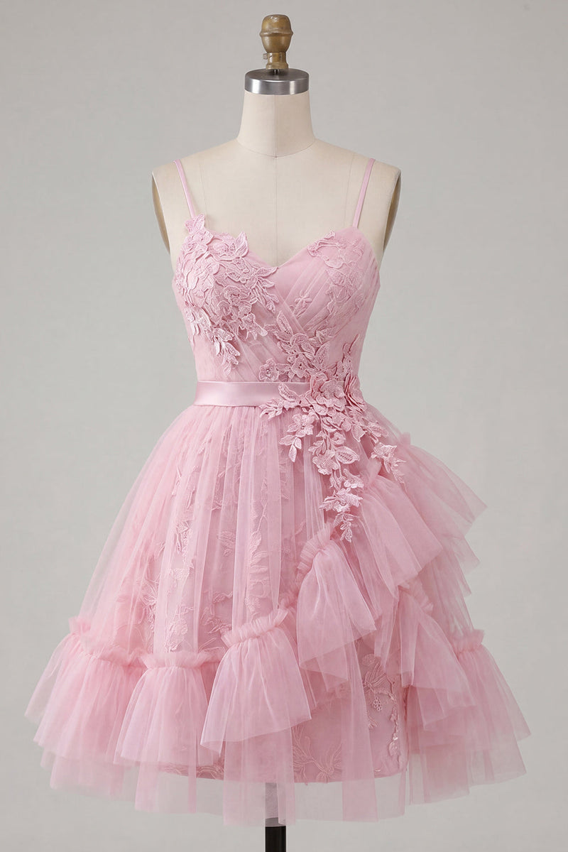 Load image into Gallery viewer, Ruffled Tulle Floral Spaghetti Straps A Line Pink Short Prom Dress