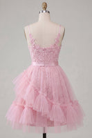 Load image into Gallery viewer, Ruffled Tulle Floral Spaghetti Straps A Line Pink Short Prom Dress