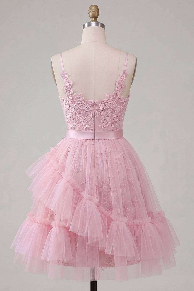 Load image into Gallery viewer, Ruffled Tulle Floral Spaghetti Straps A Line Pink Short Prom Dress